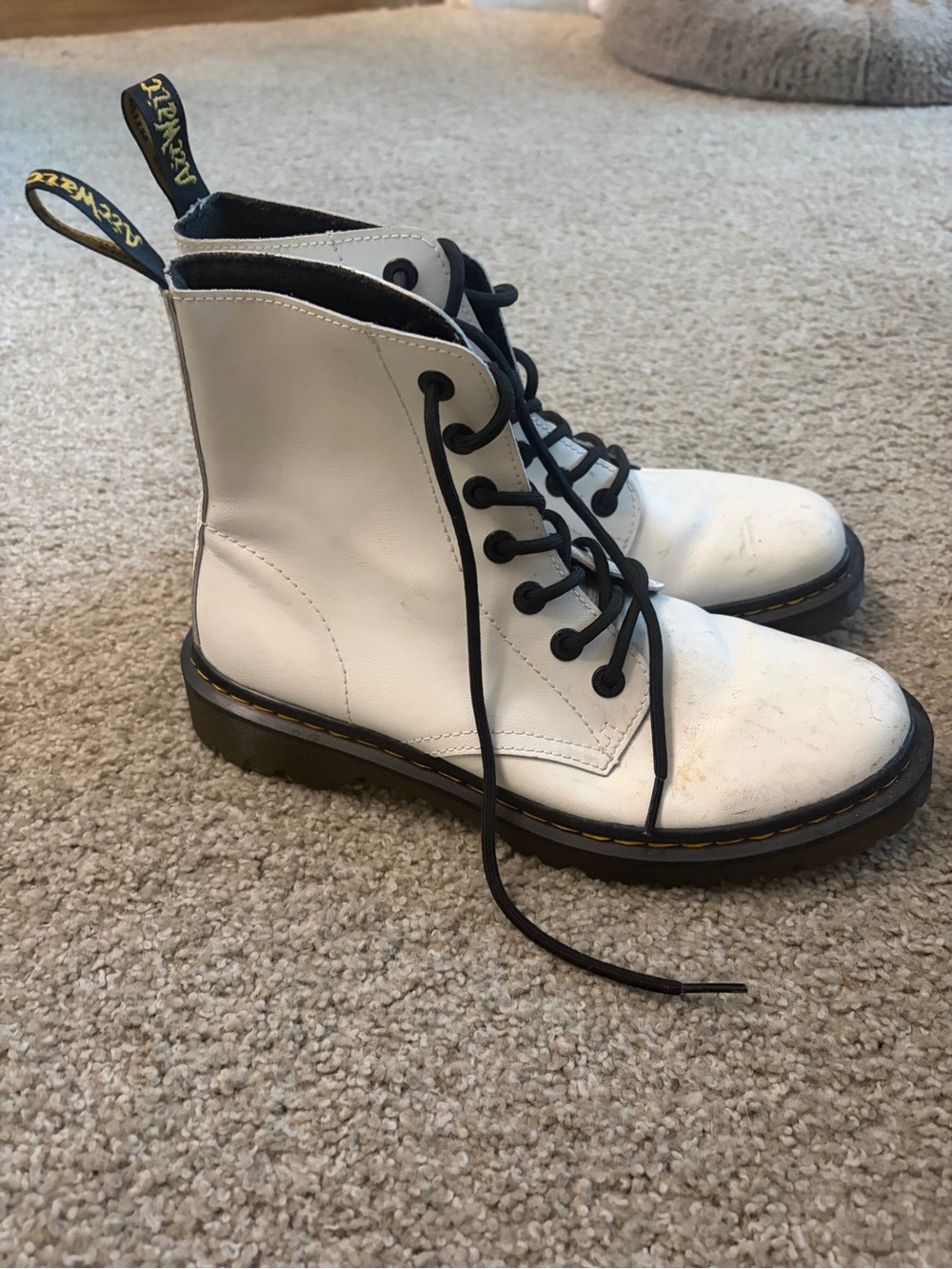 Dr. Martens White Leather 8-Eye Lace-Up Boots with Black Accents